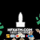 HFXATM.COM website logo with glowing capitol building icon, phone number, and accepted payment method logos including Visa and Mastercard