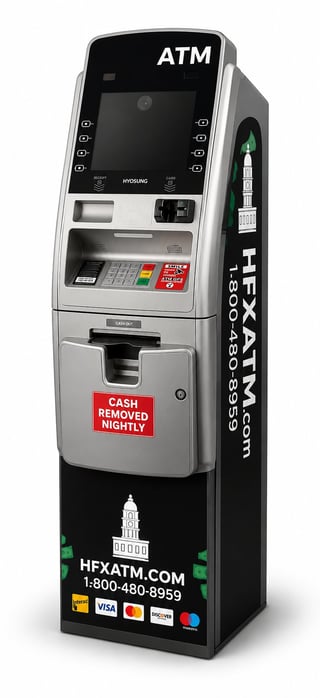 A Hyosung ATM machine with white and black exterior, featuring cash withdrawal slot and numeric keypad, branded with HFX ATM contact information