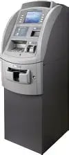ATM machine with gray and black exterior, digital screen, card slot, and cash dispenser