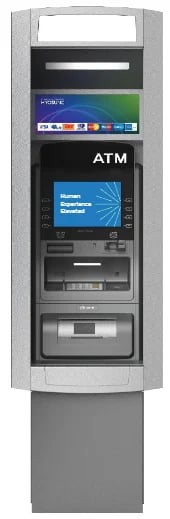 Modern ATM machine with white and gray casing, display screen, and card/cash slots on a gray pedestal base