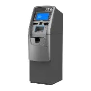 Gray ATM machine with blue display screen and card slot